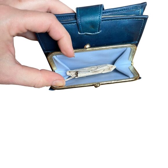 VTG Soft Blue Leather Bifold Wallet Frame Coin Pouch Ranchero Cowhide Women NWOT - Picture 7 of 10